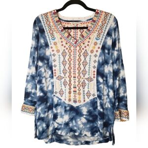 John Mark Embroidered Tie Dye Tunic V-Neck Artsy Boho Blouse Size L